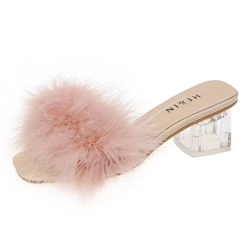 Slippers Open Toe Plush Fox Fur Chunky with Flip Flops Home Banquet Square Toe Simple Pumps