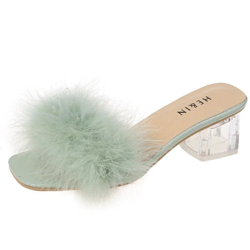 Slippers Open Toe Plush Fox Fur Chunky with Flip Flops Home Banquet Square Toe Simple Pumps