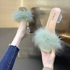 Slippers Open Toe Plush Fox Fur Chunky with Flip Flops Home Banquet Square Toe Simple Pumps