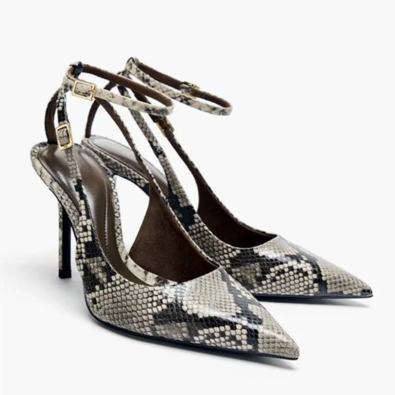 Snake Print Design Pumps Pointed-Toe  Ankle Strap High Heel