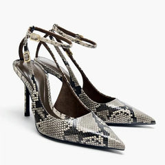 Snake Print Design Pumps Pointed-Toe  Ankle Strap High Heel