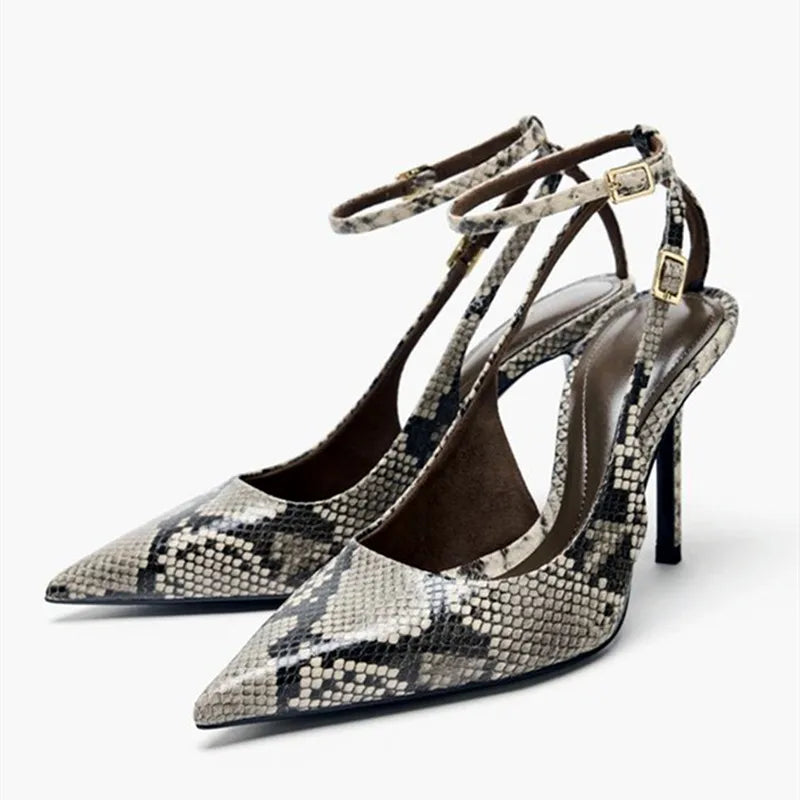 Snake Print Design Pumps Pointed-Toe  Ankle Strap High Heel
