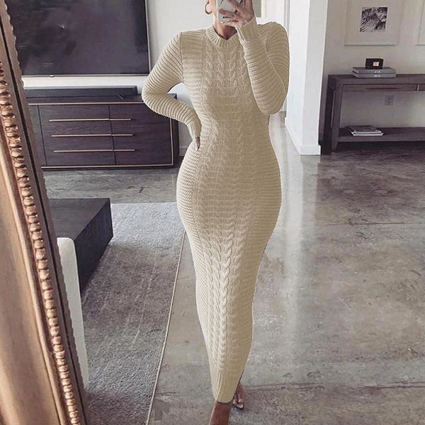 Solid Color Long Sleeve Knitting Dress