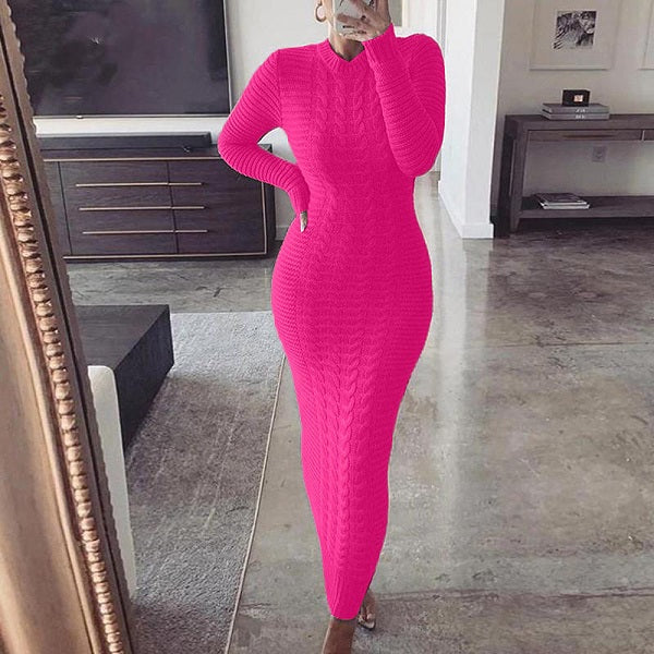 Solid Color Long Sleeve Knitting Dress