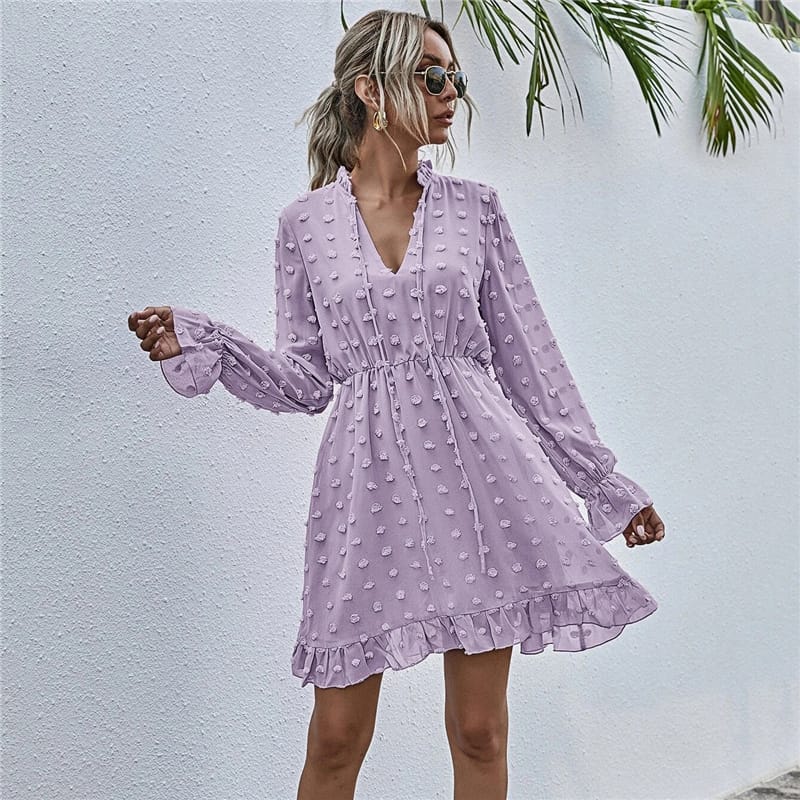 Solid Color Long Sleeve Ruffled Dress