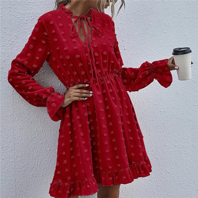 Solid Color Long Sleeve Ruffled Dress