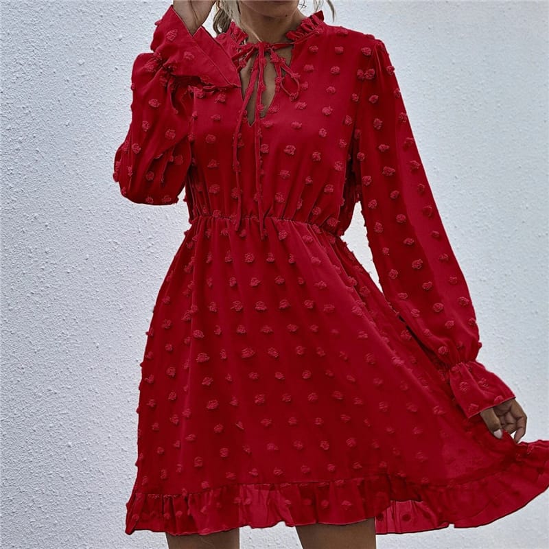 Solid Color Long Sleeve Ruffled Dress