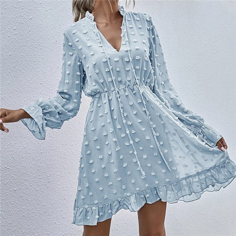 Solid Color Long Sleeve Ruffled Dress