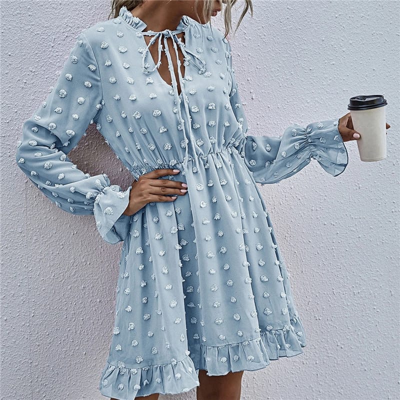 Solid Color Long Sleeve Ruffled Dress