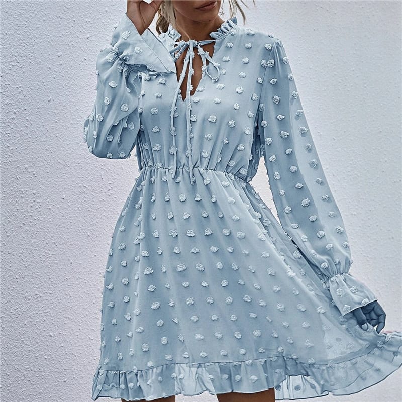 Solid Color Long Sleeve Ruffled Dress