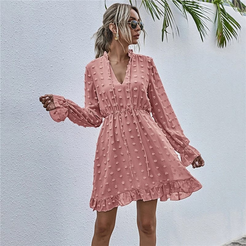 Solid Color Long Sleeve Ruffled Dress