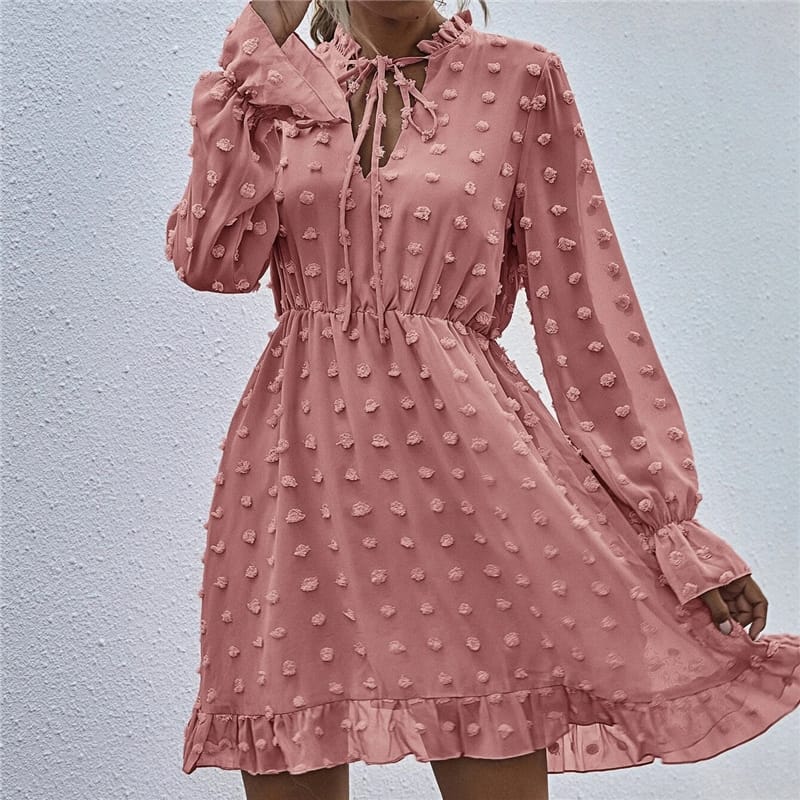 Solid Color Long Sleeve Ruffled Dress