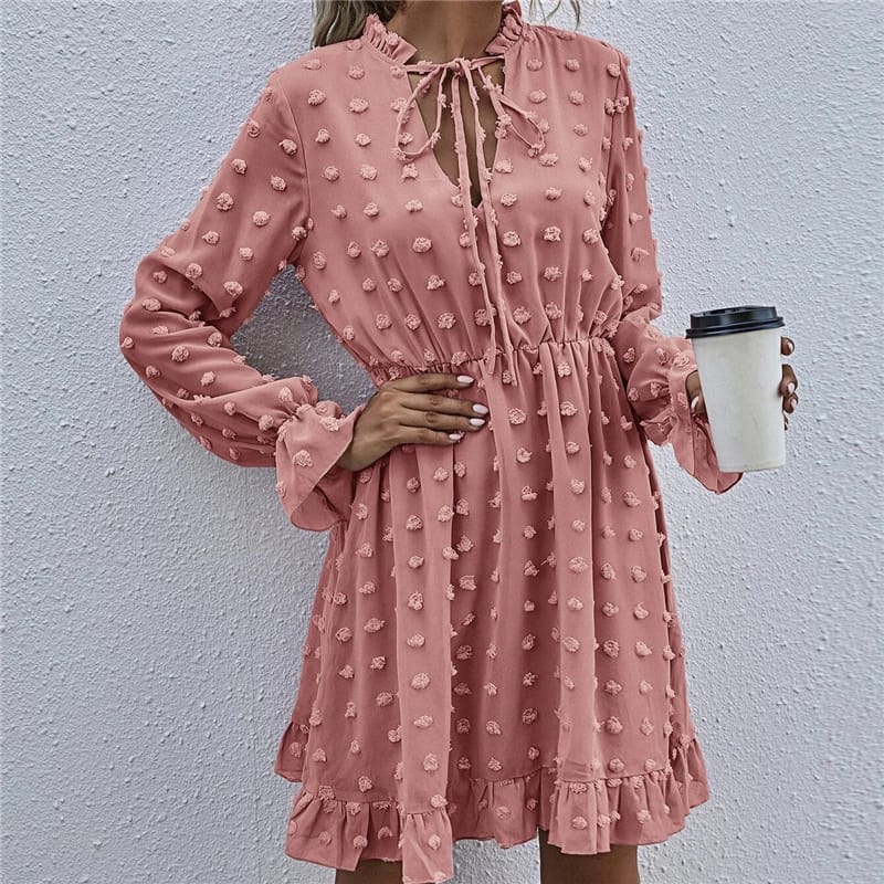 Solid Color Long Sleeve Ruffled Dress