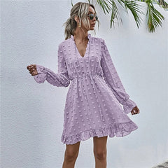 Solid Color Long Sleeve Ruffled Dress