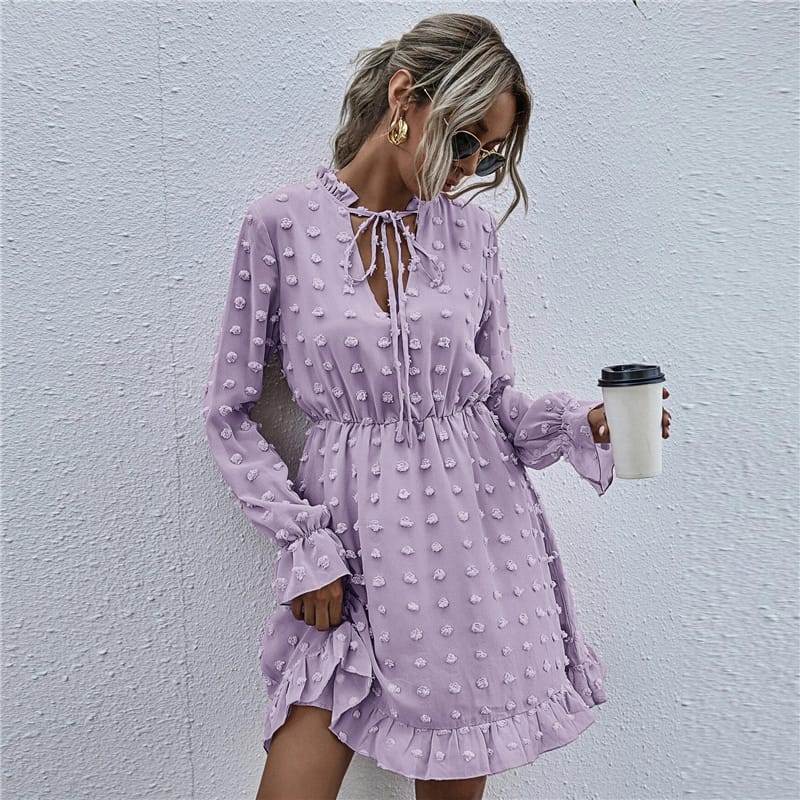 Solid Color Long Sleeve Ruffled Dress