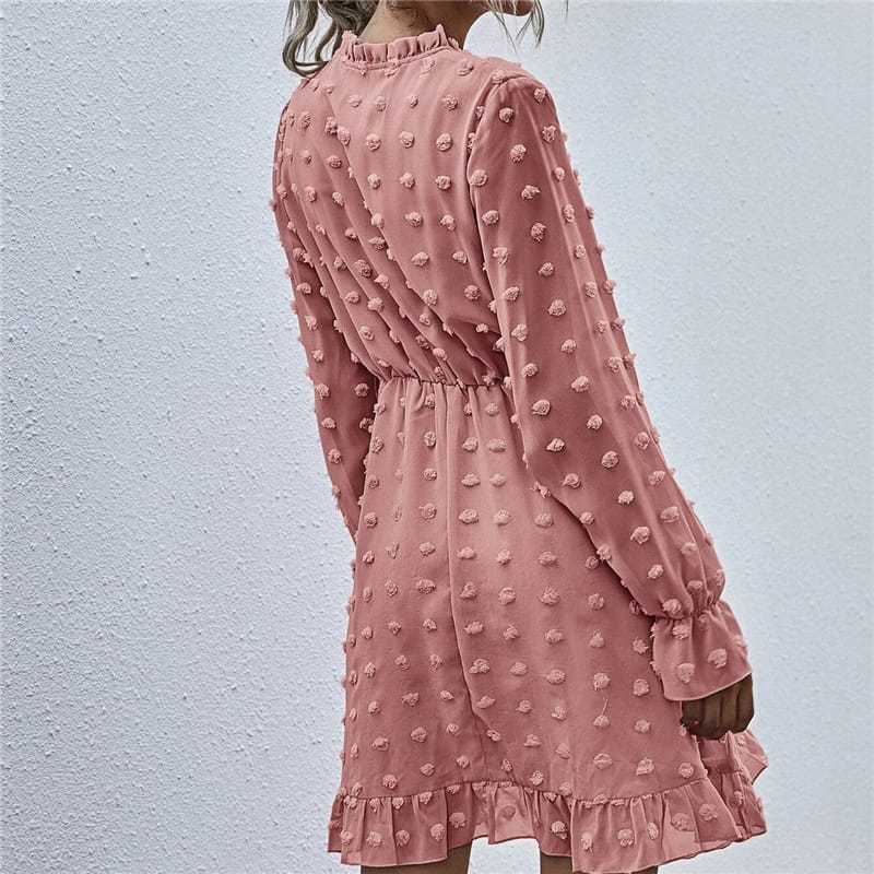 Solid Color Long Sleeve Ruffled Dress