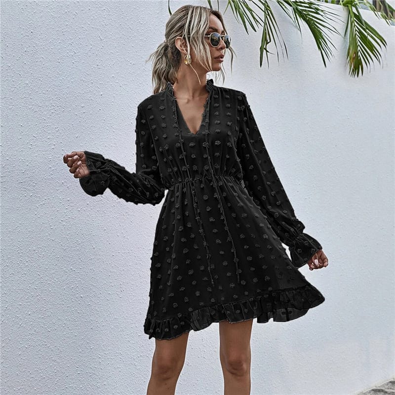 Solid Color Long Sleeve Ruffled Dress