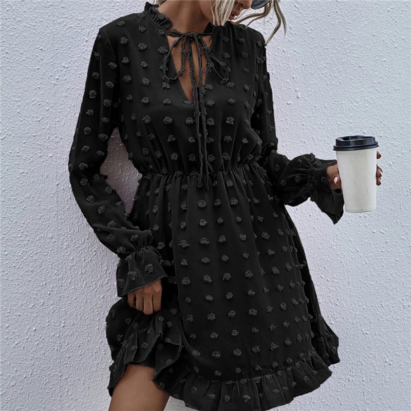 Solid Color Long Sleeve Ruffled Dress