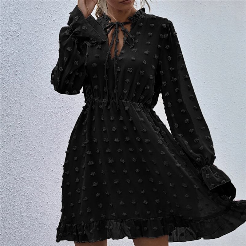 Solid Color Long Sleeve Ruffled Dress