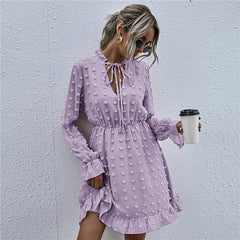 Solid Color Long Sleeve Ruffled Dress