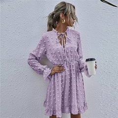 Solid Color Long Sleeve Ruffled Dress