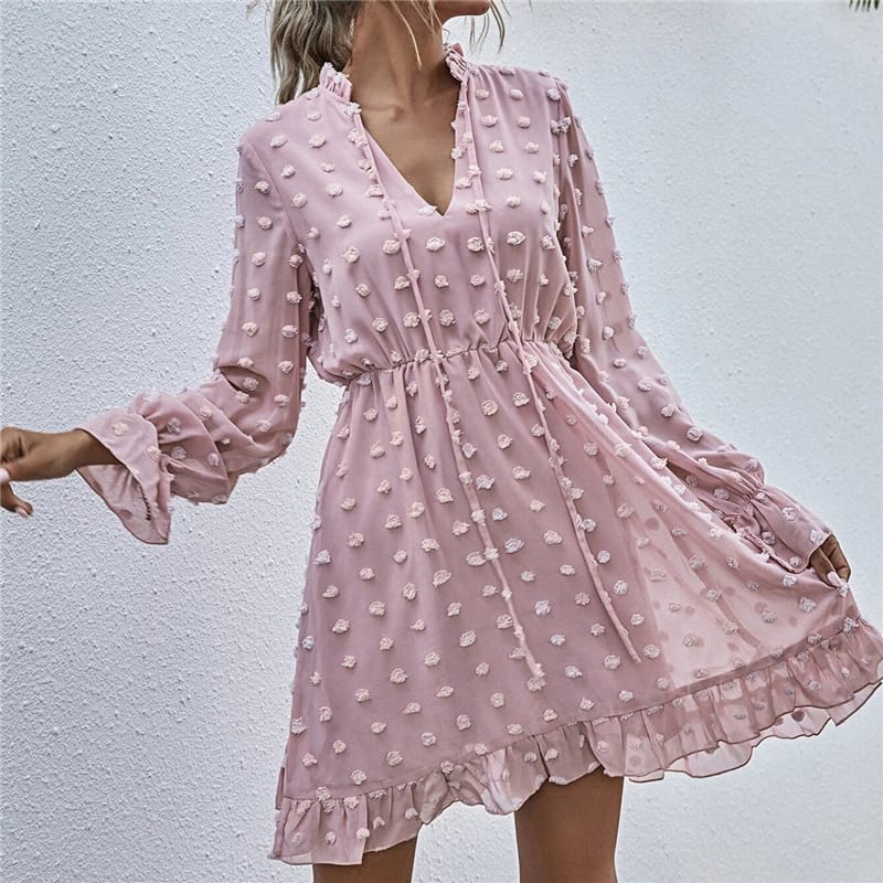 Solid Color Long Sleeve Ruffled Dress