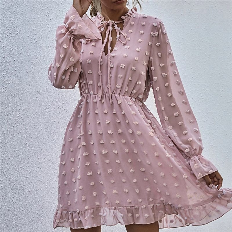 Solid Color Long Sleeve Ruffled Dress