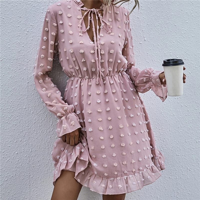 Solid Color Long Sleeve Ruffled Dress
