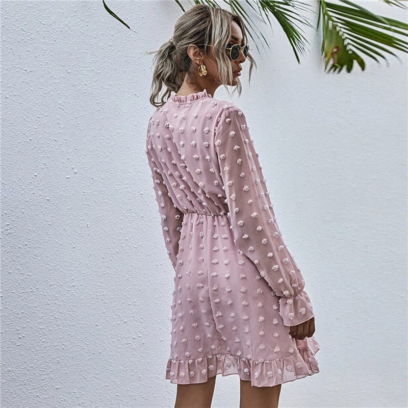 Solid Color Long Sleeve Ruffled Dress
