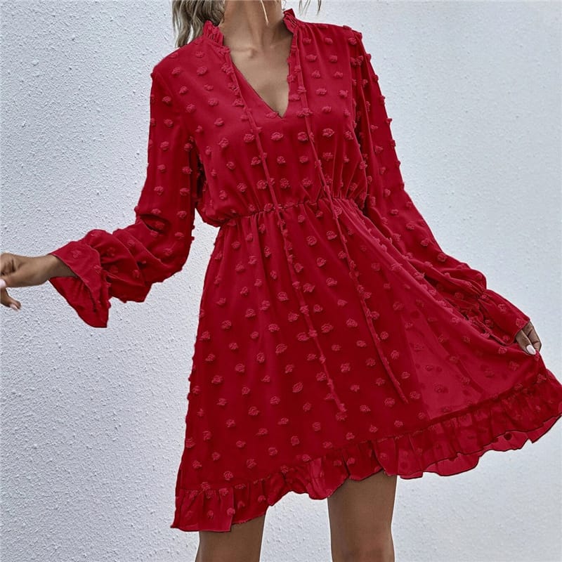 Solid Color Long Sleeve Ruffled Dress