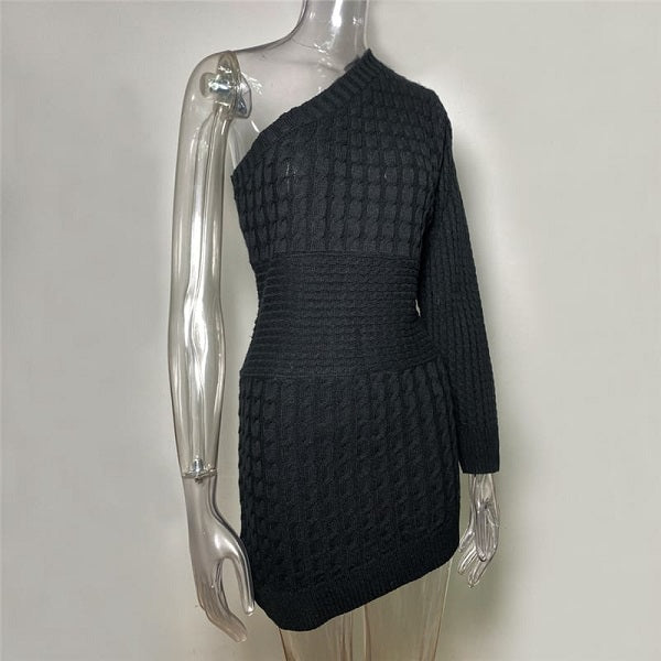 Solid Color Oblique Shoulder Knit Dress