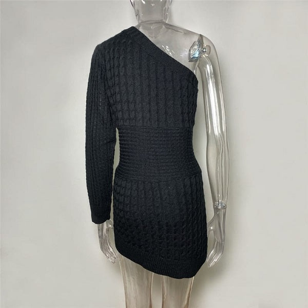 Solid Color Oblique Shoulder Knit Dress