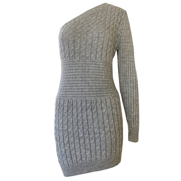 Solid Color Oblique Shoulder Knit Dress