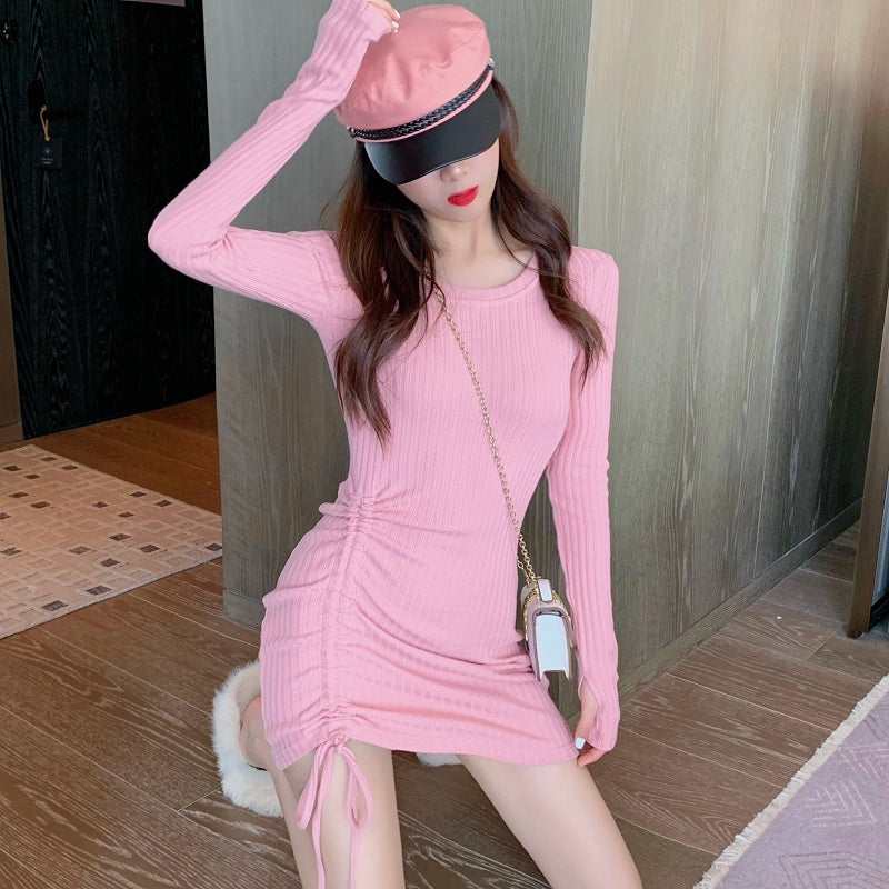 Solid Color Round Neck Drawstring Slim Knitted Dresses
