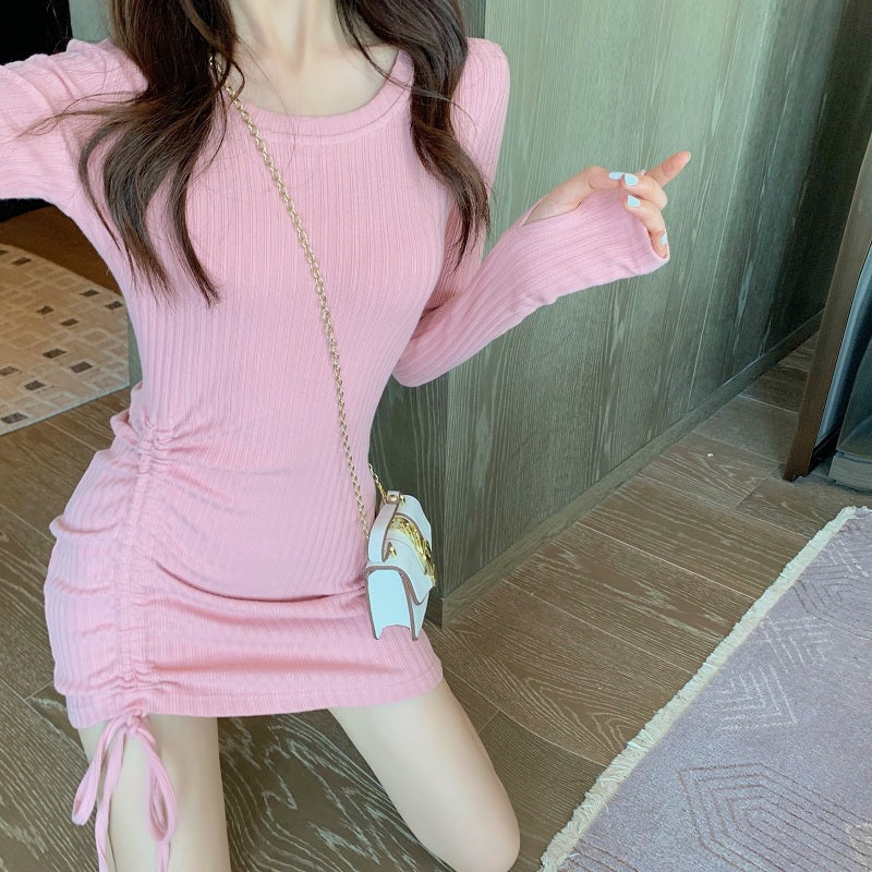 Solid Color Round Neck Drawstring Slim Knitted Dresses