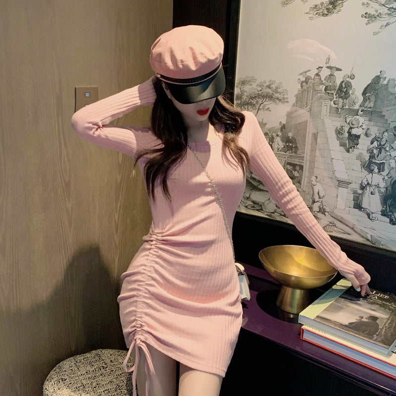 Solid Color Round Neck Drawstring Slim Knitted Dresses