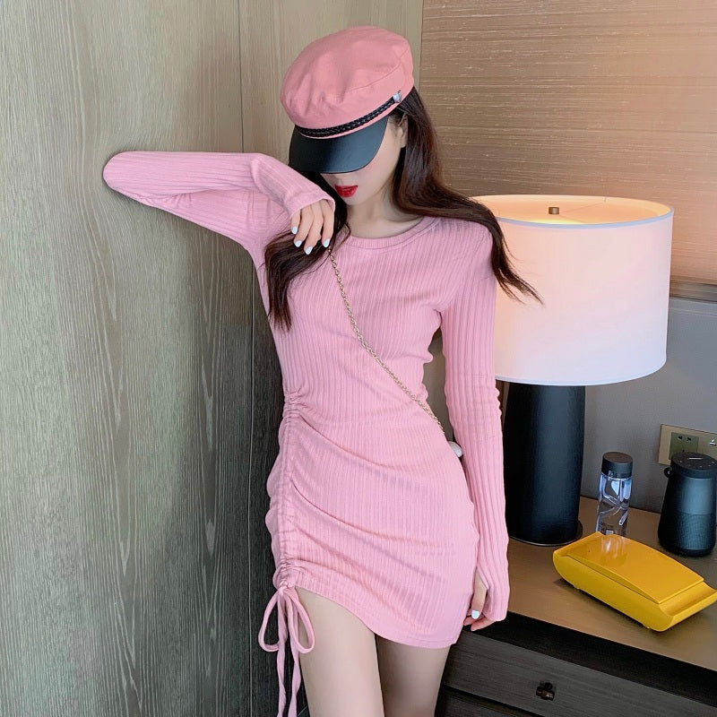 Solid Color Round Neck Drawstring Slim Knitted Dresses