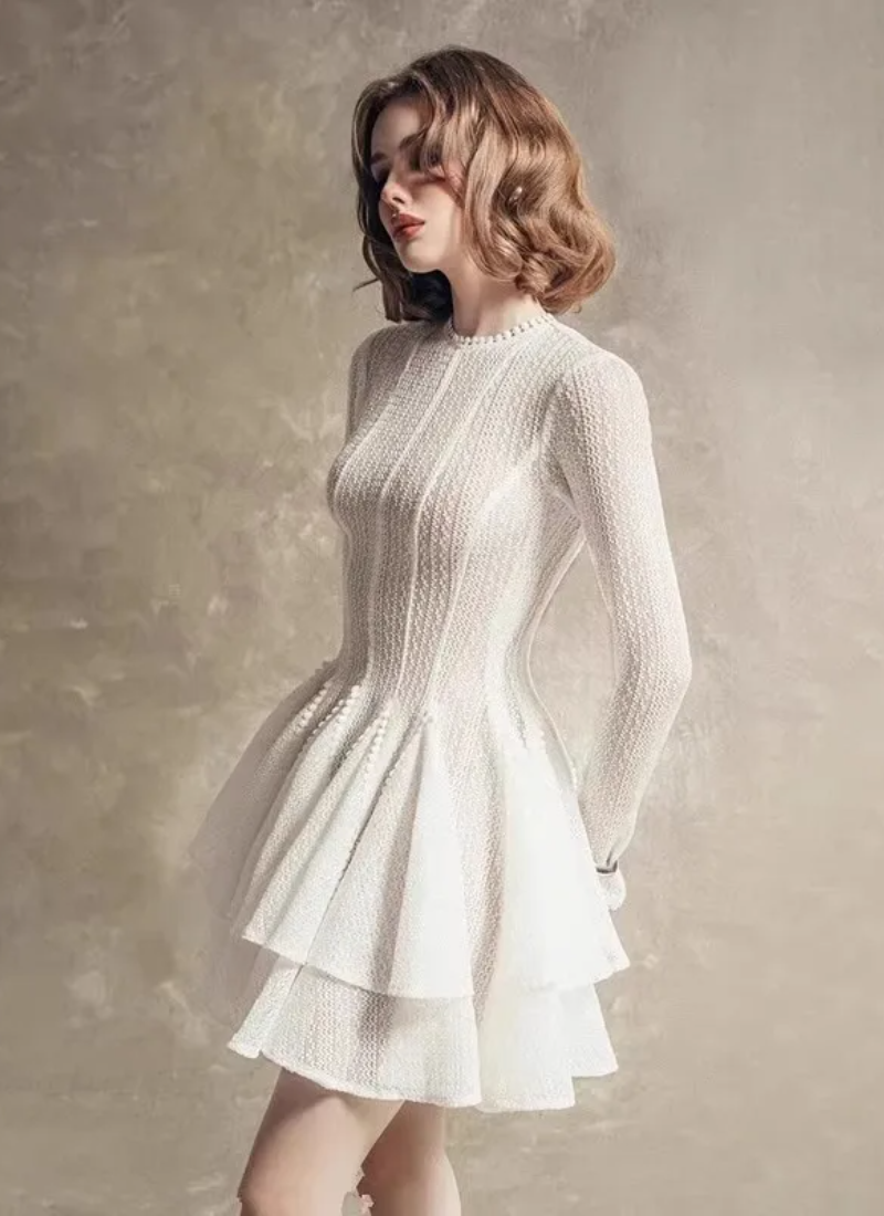 Solid Hollow Out Slimming O Neck Long Sleeve High Waist Temperament Dresses