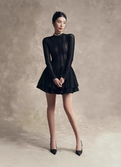 Solid Hollow Out Slimming O Neck Long Sleeve High Waist Temperament Dresses