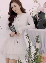 Solid Hollow Out Slimming O Neck Long Sleeve High Waist Temperament Dresses
