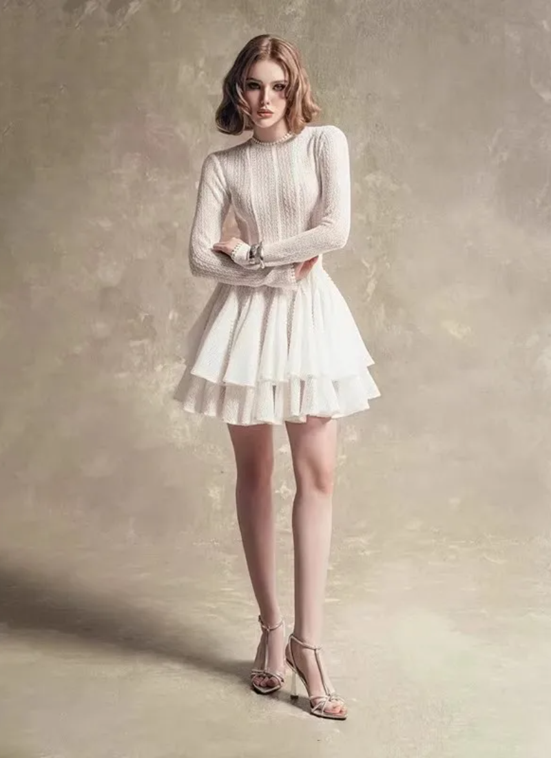 Solid Hollow Out Slimming O Neck Long Sleeve High Waist Temperament Dresses