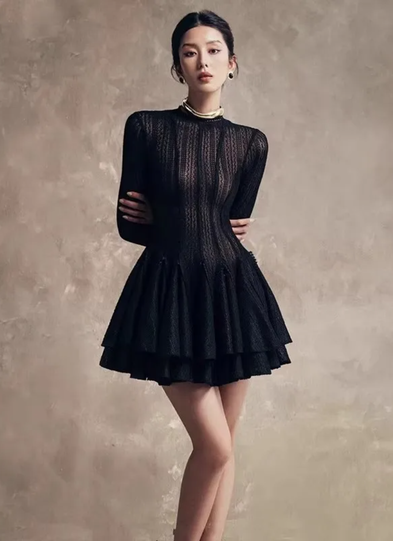 Solid Hollow Out Slimming O Neck Long Sleeve High Waist Temperament Dresses
