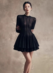 Solid Hollow Out Slimming O Neck Long Sleeve High Waist Temperament Dresses