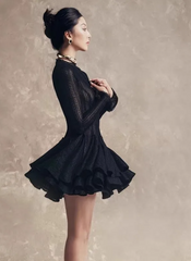 Solid Hollow Out Slimming O Neck Long Sleeve High Waist Temperament Dresses