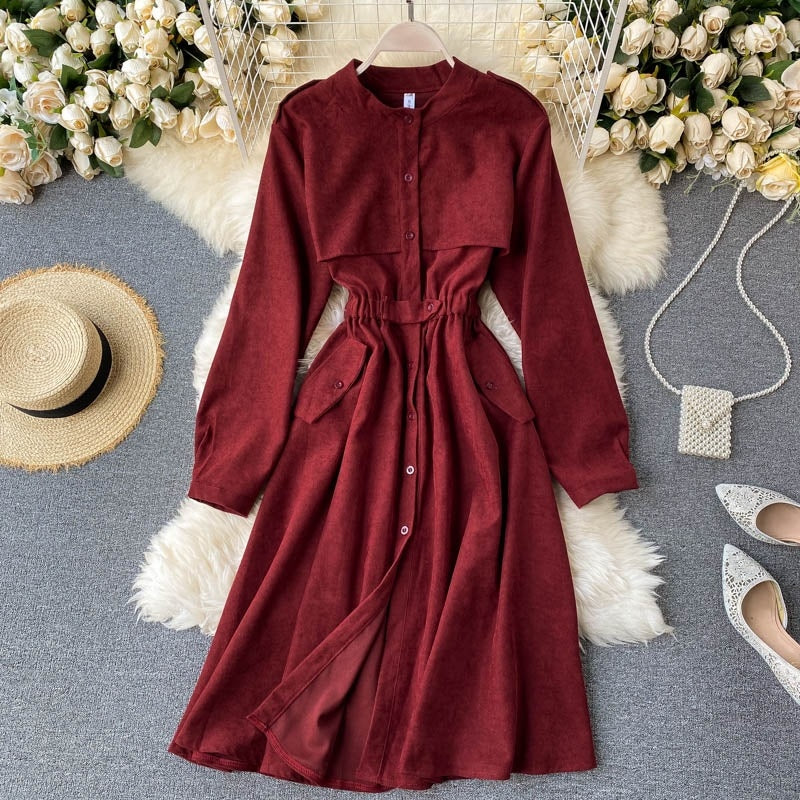 Solid O Neck Long Sleeve Elastic Waist Office  A-line Streetwear Dress
