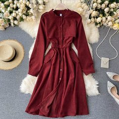 Solid O Neck Long Sleeve Elastic Waist Office  A-line Streetwear Dress