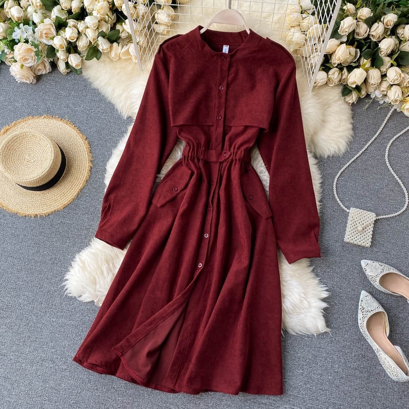 Solid O Neck Long Sleeve Elastic Waist Office  A-line Streetwear Dress