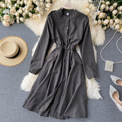 Solid O Neck Long Sleeve Elastic Waist Office  A-line Streetwear Dress