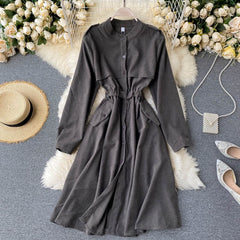 Solid O Neck Long Sleeve Elastic Waist Office  A-line Streetwear Dress