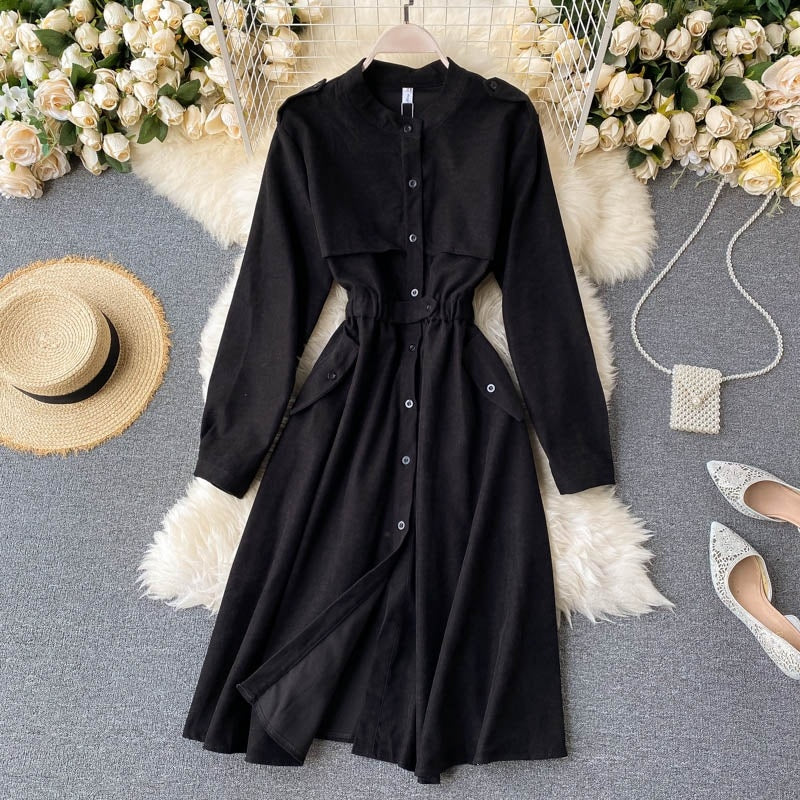Solid O Neck Long Sleeve Elastic Waist Office  A-line Streetwear Dress